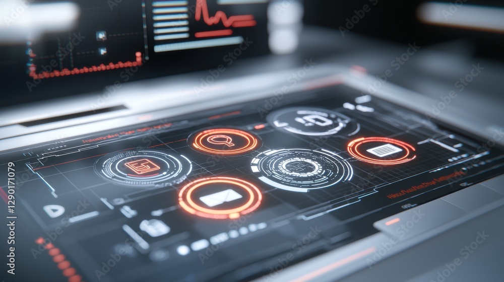 Poster futuristic digital interface with glowing data charts and icons, showcasing advanced technology and 