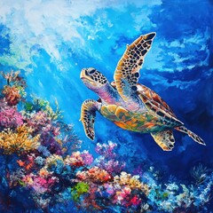 Fototapeta premium Vibrant Sea Turtle Swimming Gracefully Amidst Colorful Coral Reefs in a Stunning Underwater Painting