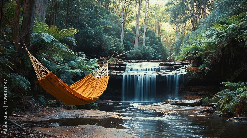 Poster serene forest escape with cascading waterfall and inviting hammock for ultimate relaxation and natur