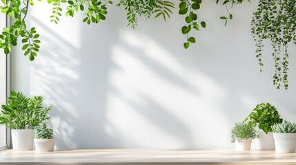 Obraz premium Serene indoor space with lush green plants against a white wall creating a calming and refreshing ambiance perfect for minimalist design