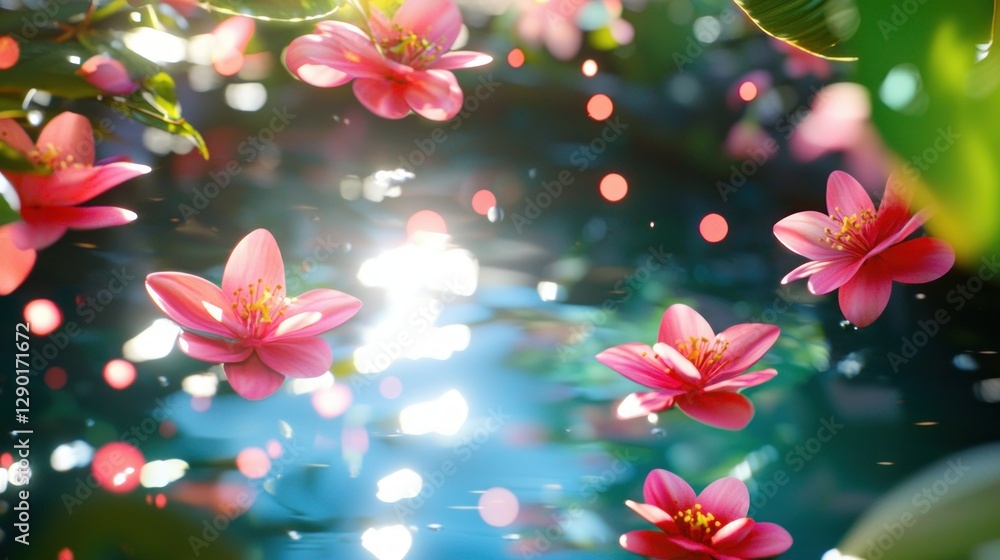 Poster enchanting pink flowers gently float on serene water surface creating a tranquil and dreamy atmosphe