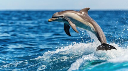 Graceful dolphin leaps from ocean water showcasing agility against blue sea and sky in natural habitat marine life photography