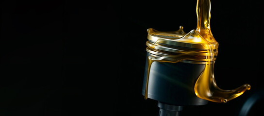 Close up of piston with motor oil , Pour gold engine oil onto the piston to lubricate them , horizontal banner with copy space for text decoration , Generative AI