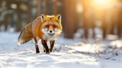 Fototapeta premium Captivating Red Fox Strolling Through Snowy Winter Wonderland at Golden Hour with Soft Sunlight and Sparkling Snowflakes