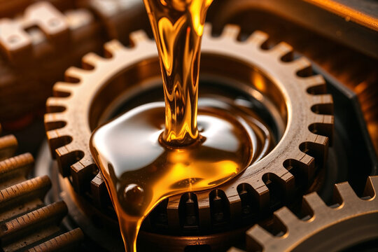 Close up of oil pouring into gear mechanism , Pour gold engine oil onto the cogwheel to lubricate them , Generative AI