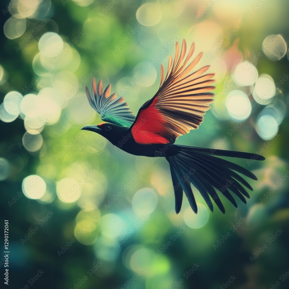 Poster colorful paradise bird in flight against a soft bokeh background creating a sense of freedom and nat