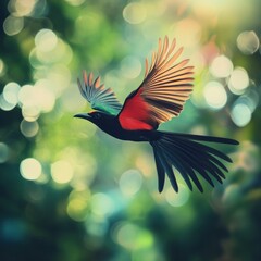 Obraz premium Colorful paradise bird in flight against a soft bokeh background creating a sense of freedom and natural beauty in a tropical setting