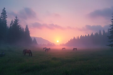 Naklejka premium A peaceful sunrise glowing over a quiet meadow filled with grazing horses