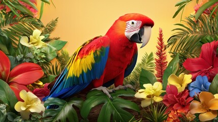 Fototapeta premium Vivid Scarlet Macaw Amidst Lush Tropical Flora A Captivating Portrait of Exotic Beauty and Vibrant Colors in a Botanical Paradise