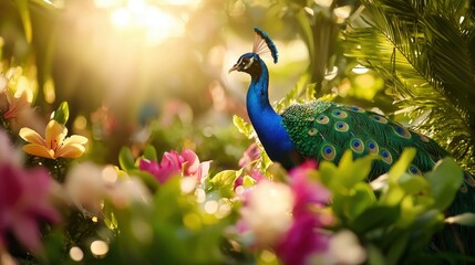 Obraz premium Majestic peacock amidst vibrant floral garden bathed in golden sunlight creating serene and enchanting atmosphere elegant bird