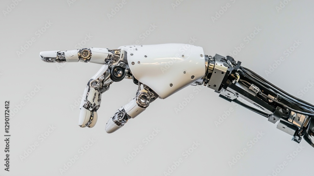 Poster futuristic robotic hand pointing with metallic design elements against plain bright background for t