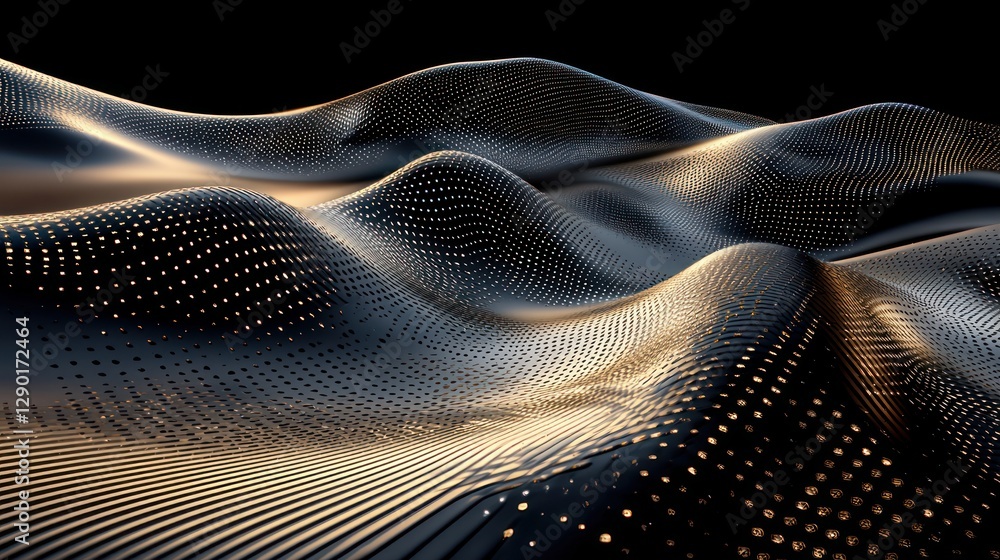 Poster abstract metallic landscape with elegant waves dotted texture and golden light reflection for scienc
