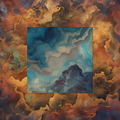 Abstract Watercolor Painting with Gold Leaf. Blue and Gold Art