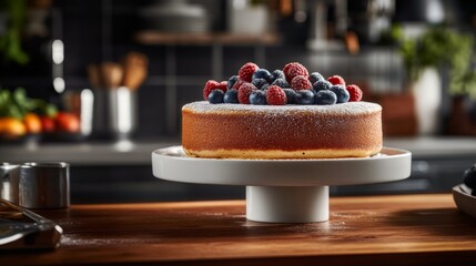 A towering stack of golden pancakes sits elegantly dusted with powdered sugar, adorned with fresh raspberries and blueberries, all glistening with syrup