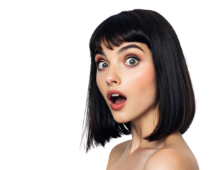 funny image of a beautiful young brunette woman looking amazed with her mouth open, woman with shocked and surprised expression, isolated on transparent background png