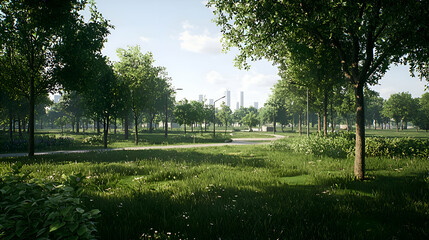 Obraz premium Summer City Park Landscape with Green Trees and Grassy Path