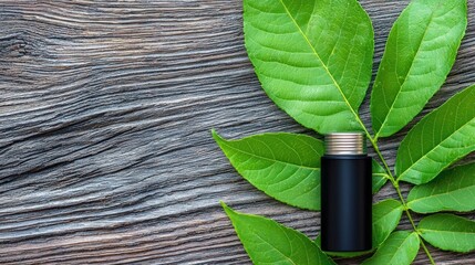 Obraz premium Elegant black bottle amidst vibrant green leaves on rustic wood surface a natural beauty concept for skincare and cosmetic product photography