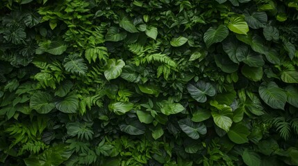 Fototapeta premium Dense tropical foliage showcases dark emerald anthuriums, vibrant ferns, and epiphytes, all beautifully lit in soft light, creating a serene botanical atmosphere