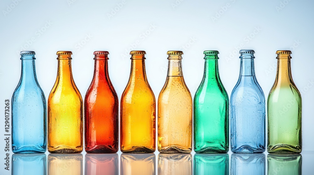 Aufkleber vibrant array of colorful glass bottles reflecting on a glossy surface against a light background st
