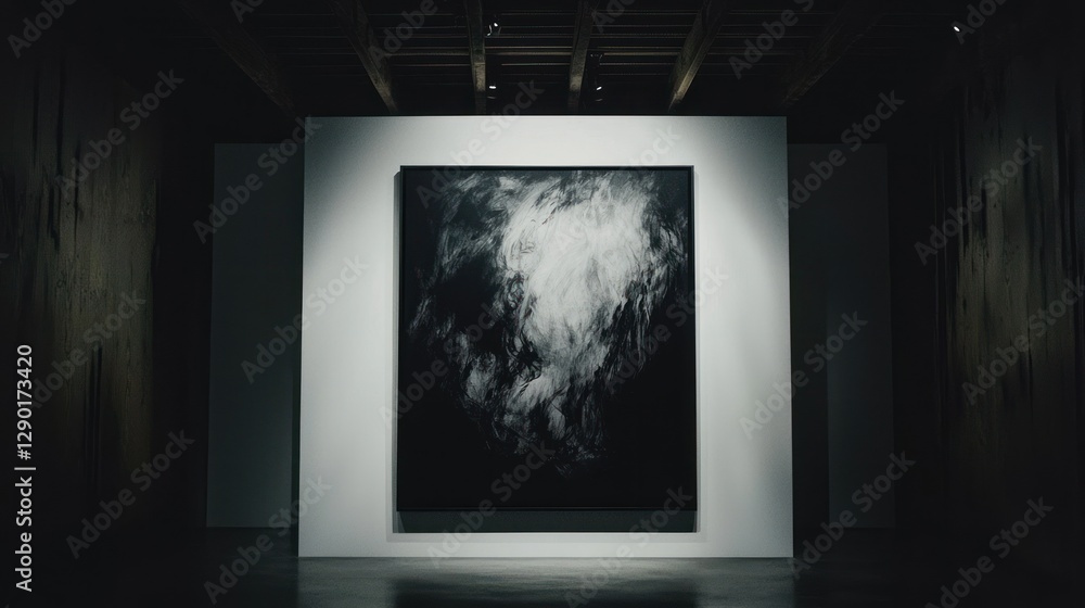 Poster dramatic monochrome abstract artwork displayed in a modern art gallery with dark ambiance and minima