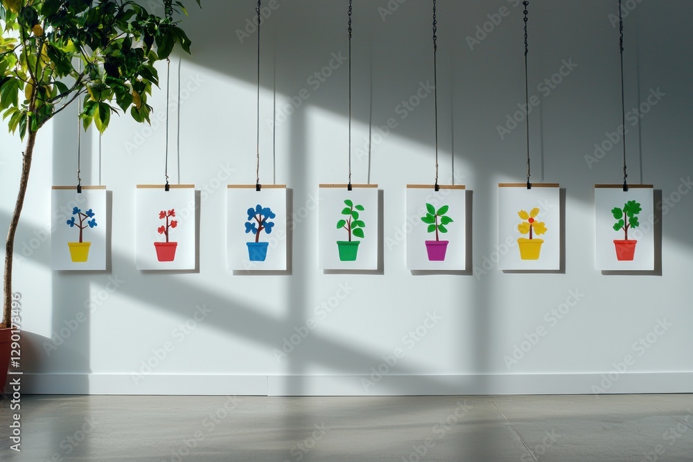 Poster artistic array of houseplant drawings on vibrant colorful pots arranged with delicate chains on brig
