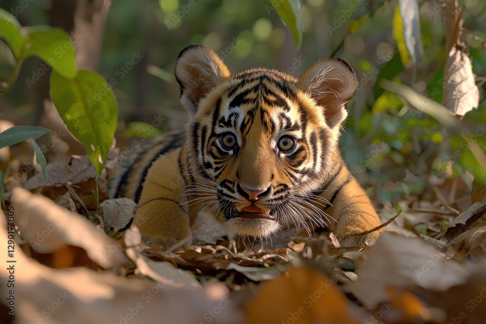Aufkleber Adorable tiger cub lying among fallen leaves in a forest setting with soft lighting and a shallow depth of field