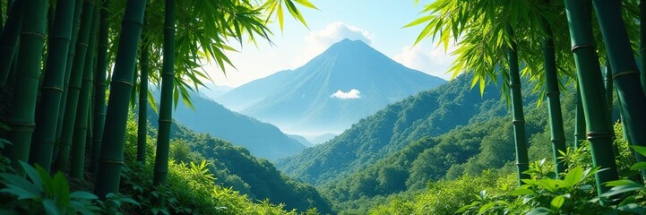 Fototapeta premium Dense forest with bamboo stalks swaying gently in wind, mountain, plants