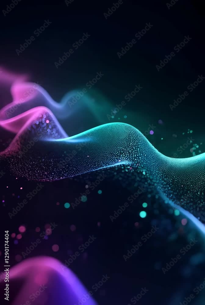 Poster abstract neon waves with glowing particles on dark background. futuristic digital flow visualization