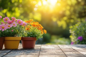 Vibrant pink and orange flowers in pots, sunny garden backdrop. Perfect for spring, gardening, or nature themes.