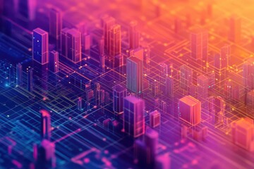 modern data visualization of urban health disparities, geometric infographic elements flow through city grid in bold gradient colors