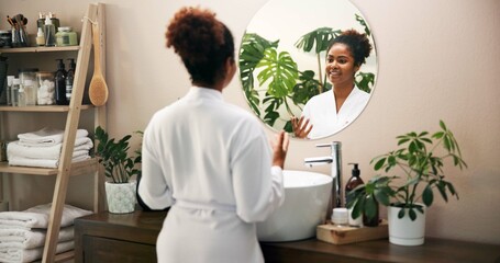 Happy, beauty and woman in mirror of bathroom for morning routine, getting ready or self care...