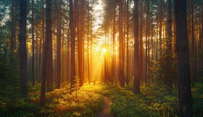 Fototapeta premium Golden Sunset in a Pine Forest