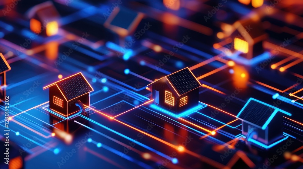 Poster abstract futuristic network of glowing houses interconnected by digital data streams concept