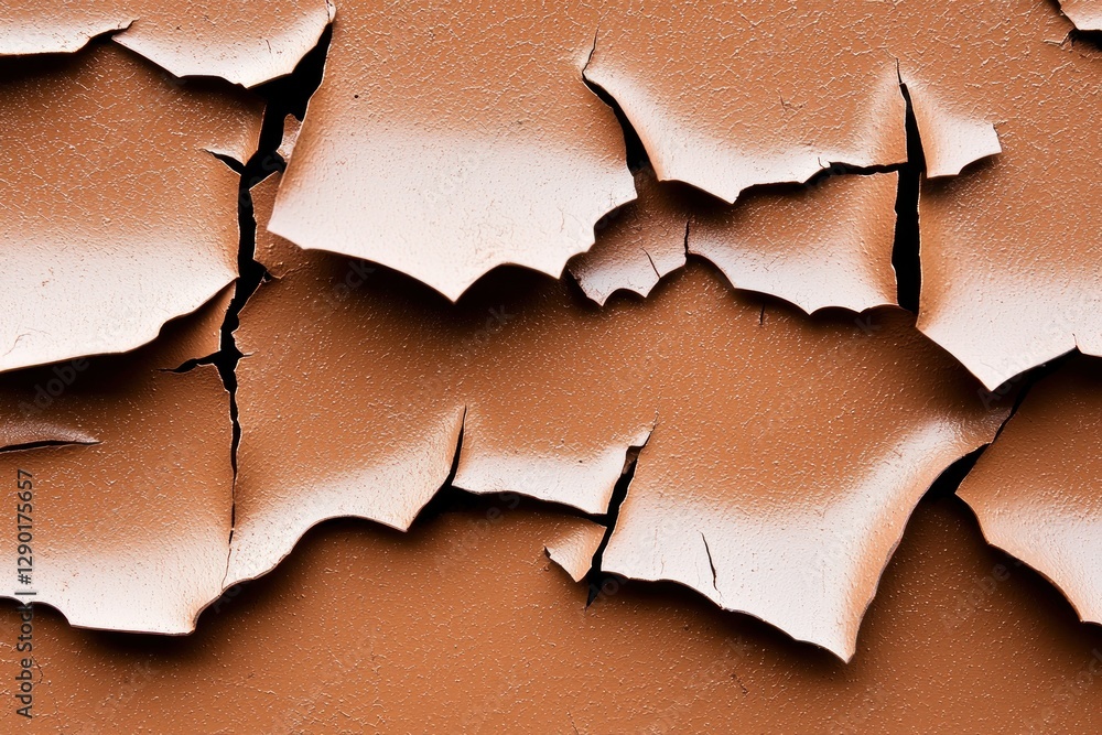 Poster Brown peeling paint texture creating abstract shapes on an old wall surface in close up view