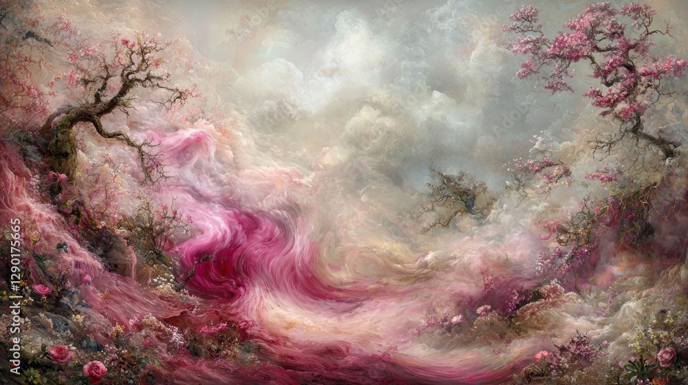 Poster dreamy landscape with pink blossom trees and swirling clouds creating a serene and ethereal atmosphe