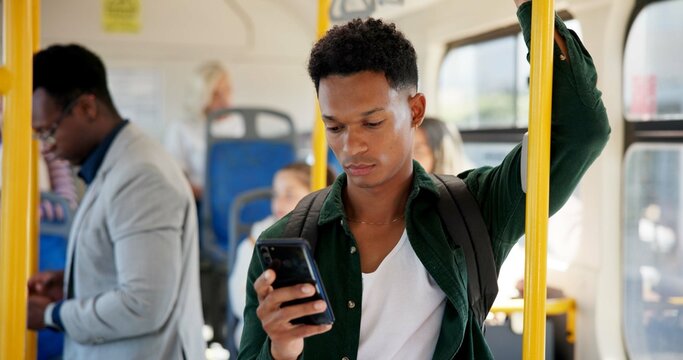 Bus, people and man with cellphone, travel and communication with message to contact. Public transport, mobile user and commute with person, smartphone and digital app for chatting and city service