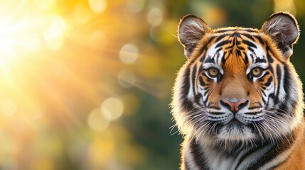 Fototapeta premium Majestic Tiger Portrait with Golden Sunlight and Bokeh Background Capturing the Essence of Wildlife Photography in Nature