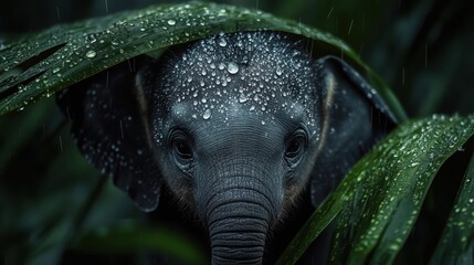 Obraz premium Adorable Baby Elephant Sheltered Under Lush Green Leaves with Dewdrops in a Rainforest Setting