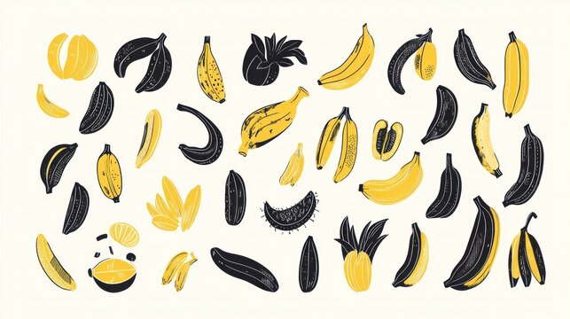 Banana varieties, yellow, black, ripen, unripen, on light backdrop for recipe book