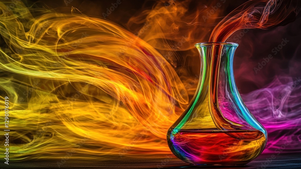Poster vibrant smoke swirls around a colorful glass flask creating a mesmerizing abstract science concept w