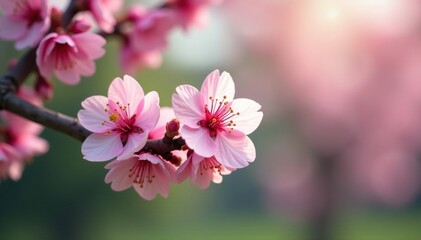 Pink cherry blossoms sway gently on a bare branch, cherry blossom branches, pink flowers, greenery