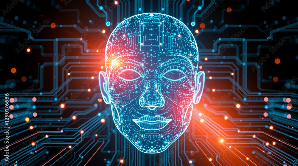 Poster futuristic ai face constructed with digital circuits for technological concept