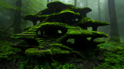 Mossy rock structure in misty forest; fairytale setting