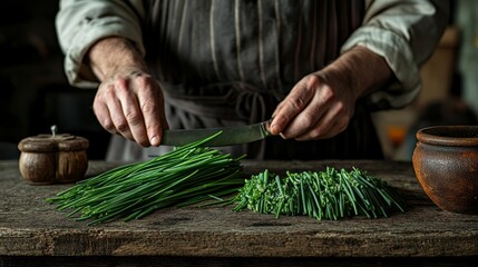 Chef's hands dicing fresh chives on a rustic wooden surface, knife glinting under bright lighting, without showing the face