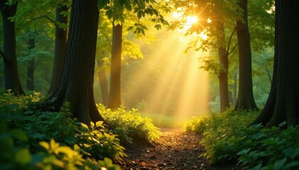 Golden sunlight filters through leaves, creating magical forest scene, golden hour, summer