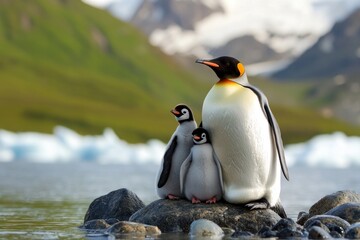 Fototapeta premium Captivating emperor penguin family standing together on a rocky shore with a serene mountain backdrop in a natural habitat