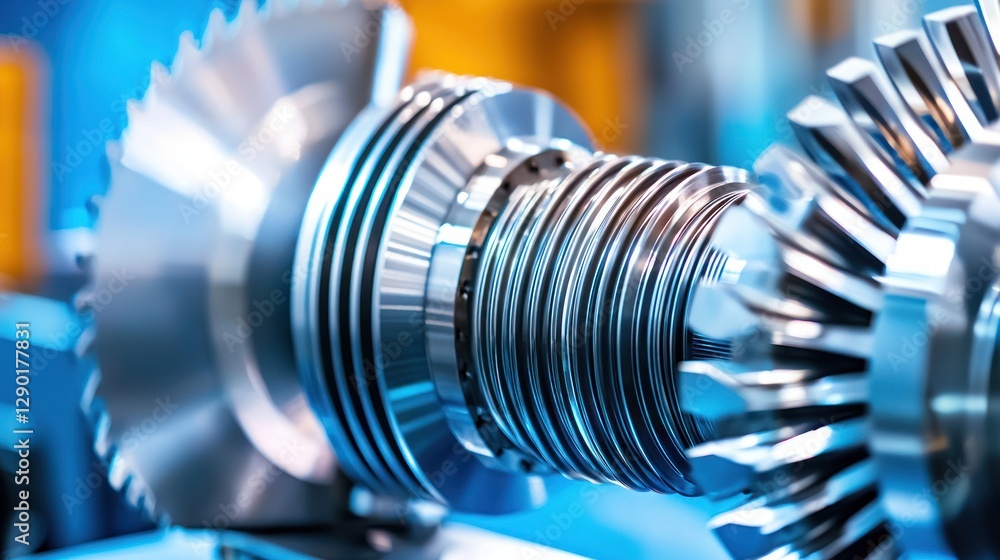Poster precision engineered metal gears meshing in blue toned industrial setting depicting mechanical power