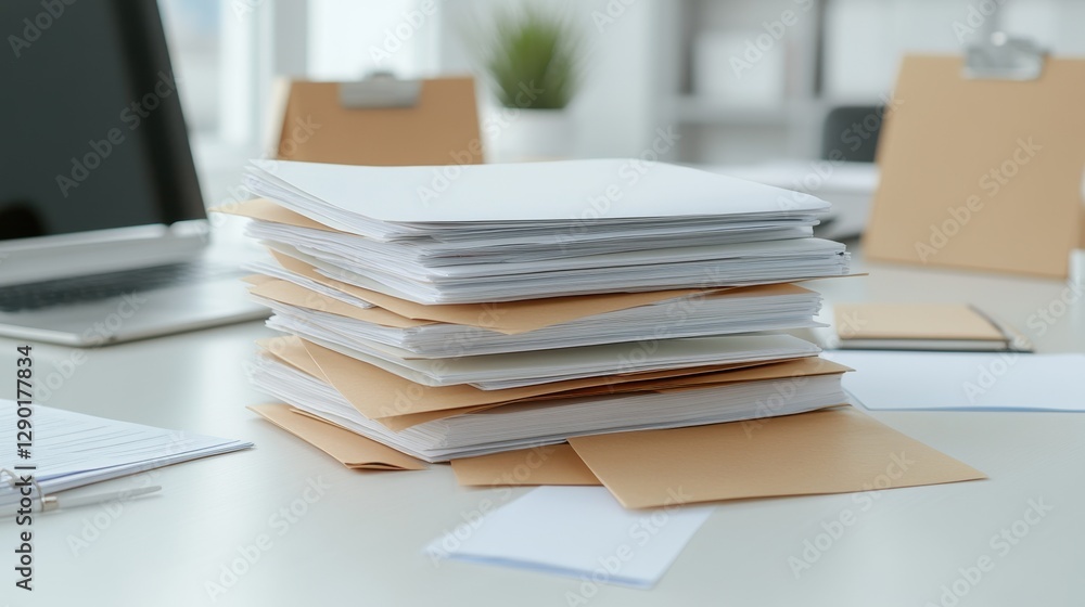 Poster Stack of documents and folders on an office desk, symbolizing productivity and organization in the workplace.