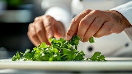A close-up of a chef slicing vibrant green cilantro on a clean white cutting board, hands in focus, isolated background