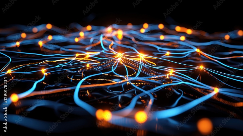 Poster futuristic network connection concept with glowing nodes and blue fiber optic cables on a black back